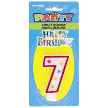 Bougie d'Anniversaire Chiffre 7 - Blanc et Rouge à étoiles avec décor