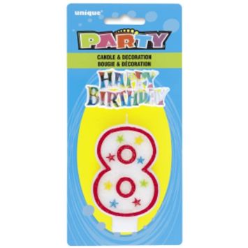 Bougie d'Anniversaire Chiffre 8 - Blanc et Rouge à étoiles