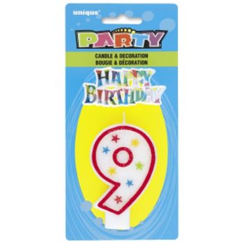 Bougie d'Anniversaire Chiffre 9 - Blanc et Rouge à étoiles avec décor