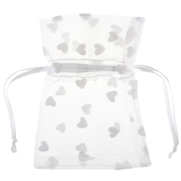 Sachet organza transparent avec cœurs blancs et cordon blanc | jourdefete.com
