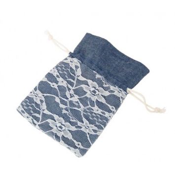 4 pochons jean en toile avec dentelle - 8 x 10 cm - Bleu Foncé