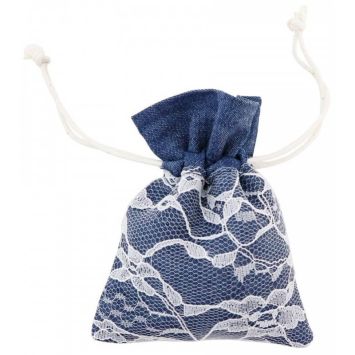 4 pochons jean en toile avec dentelle - 8 x 10 cm - Bleu Foncé | jourdefete.com