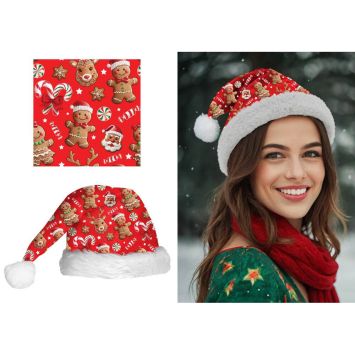Bonnet de Noël imprimé pour adulte rouge avec fourrure blanche | jourdefete.com