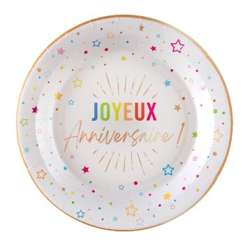 6 assiettes "Joyeux Anniversaire" en carton - Diamètre 17,5 cm - Collection Festicolor - Couleur au choix