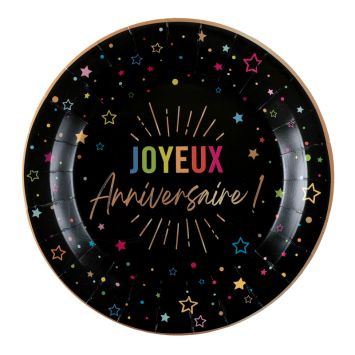 6 assiettes "Joyeux Anniversaire" en carton - Diamètre 17,5 cm - Collection Festicolor - Couleur au choix