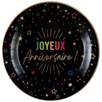 6 assiettes "Joyeux Anniversaire" en carton - Diamètre 22,5 cm - Collection Festicolor - Couleur au choix