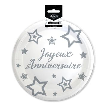 6 assiettes "Joyeux Anniversaire" en carton - Diamètre 23 cm - Collection Party Chic - Couleur au choix