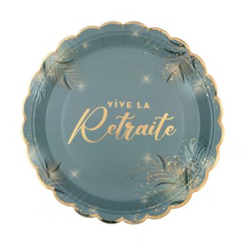 6 assiettes "Vive la Retraite" en carton - Diamètre 23 cm - Collection Retraite Dorée - Couleur au choix