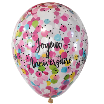 6 ballons à confettis "Joyeux Anniversaire" en latex - Diamètre 30 cm