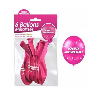 6-Ballons-Baudruche-Métallisés-Joyeux-Anniversaire-Fuchsia|jourdefete.com