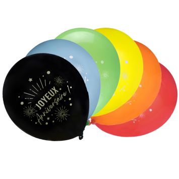 6 ballons "Joyeux Anniversaire" en latex - Diamètre 30 cm - Couleur au choix