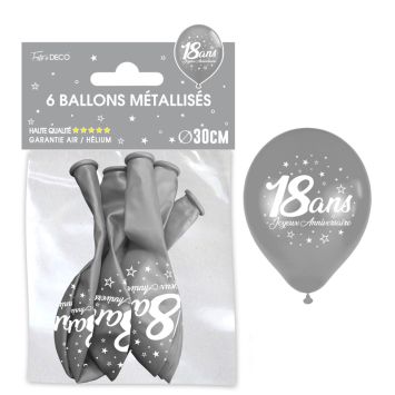 Ballons métallisés 18 ans argent, lot de 6 | jourdefete.com