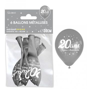 6 ballons métallisés argentés en latex pour anniversaire - Diamètre 30 cm - Âge au choix