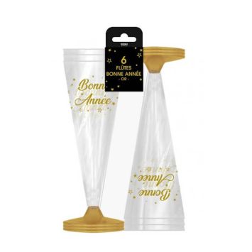 6 flûtes à champagne en plastique - Bonne Année - Couleur au choix