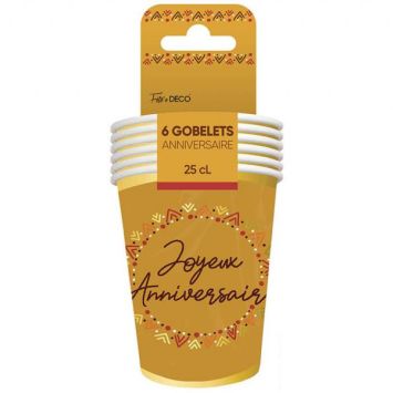 6 gobelets en carton "Joyeux Anniversaire" - 25 cl - Collection Bohème - Couleur au choix