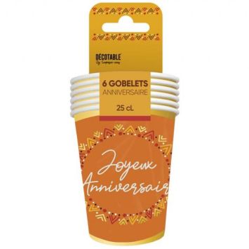 6 gobelets en carton "Joyeux Anniversaire" - 25 cl - Collection Bohème - Couleur au choix