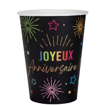 6 gobelets "Joyeux Anniversaire" en carton - 27 cl - Collection Festicolor - Couleur au choix