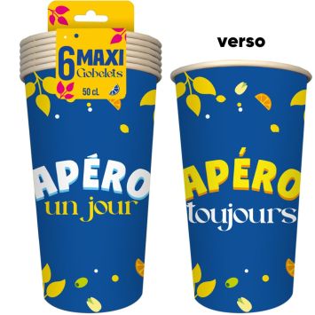 6 maxi gobelets en carton - 50 cl - Collection Apéro - Modèle au choix