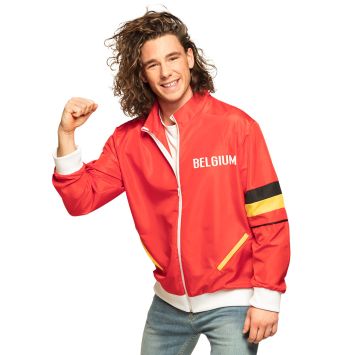 Veste de survêtement rouge Belgique pour homme avec bandes tricolores et inscription blanche pour supporter | jourdefete.com