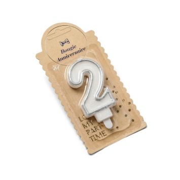 Bougie d'Anniversaire Chiffre 2 - Pailletée Argent