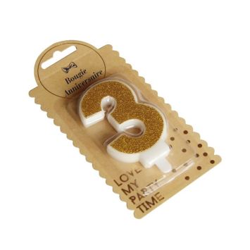 Bougie Chiffre 3 Pailleté Or