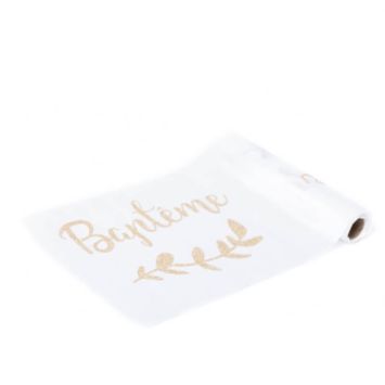 Chemin de Table « Baptême » en Organza – Blanc et Paillettes Dorées
