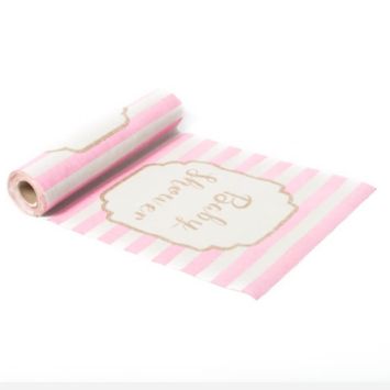Chemin de Table Baby Shower en Lin Rayé - Rose, Blanc et Or