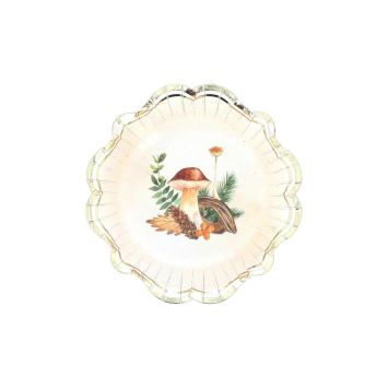 Bols en carton avec motifs champignon et feuillages sur fond crème festonné doré | jourdefete.com