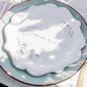 8 assiettes en carton FSC® - Diamètre 23 cm - Collection Communion Blanc et Or