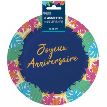 8 assiettes en carton "Joyeux Anniversaire" - Diamètre 23 cm - Collection Tropical
