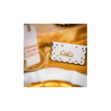 8 Marque-Places - Pois et Festons Blanc et Or - 9 cm