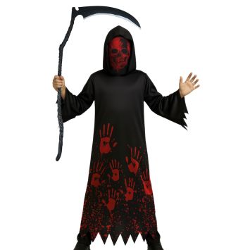 Déguisement Halloween de faucheur noir avec masque de squelette rouge et motifs de mains ensanglantées pour garçon | jourdefete.com