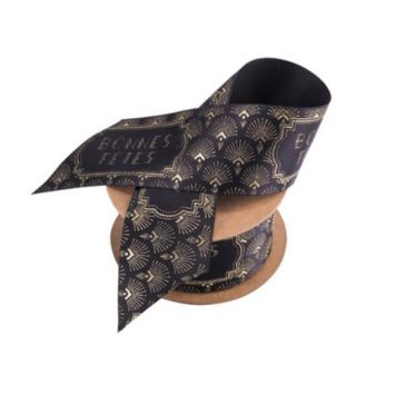 Ruban en Satin - Bonnes Fêtes - Collection Paon - Noir Floqué Or
