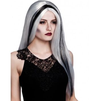 Perruque Femme - Sorcière "Aurora" - Grise avec mèches noires