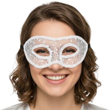 Masque loup vénitien effet voile en dentelle blanche avec motifs brodés | jourdefete.com