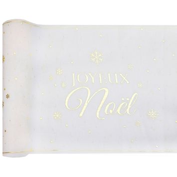 Chemin de table "Joyeux Noël" en polyester - Noël - 28 cm x 2,5 m - Collection Flocon d'Or - Couleur au choix