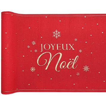 Chemin de table Joyeux Noël rouge et doré avec flocons de neige | jourdefete.com