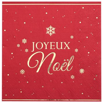 Serviettes en papier "Joyeux Noël" rouge et or avec flocons | jourdefete.com