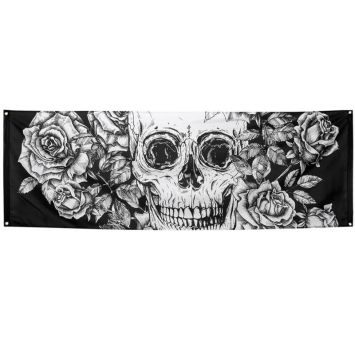 Bannière Monochrome - 220 x 74 cm - Crâne et Fleurs