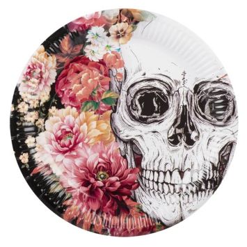 Sachet de 6 Assiettes en Carton - Crâne et Fleurs