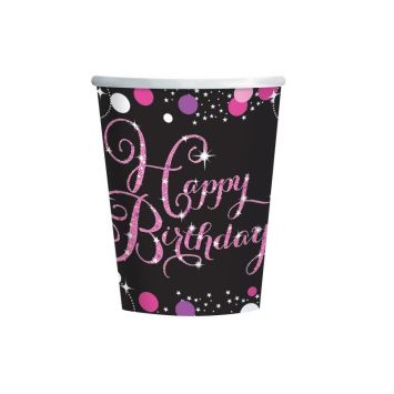 8 Gobelets "Happy Birthday" - Rose / Noir