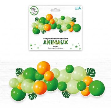 Une arche à ballons de couleur orange, vert foncé et vert clair comme les couleurs de la savane et de la jungle où vivent les animaux | jourdefete.com