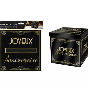 Urne métallisée "Joyeux Anniversaire" - 20 x 20 x 20 cm - Collection Art Déco