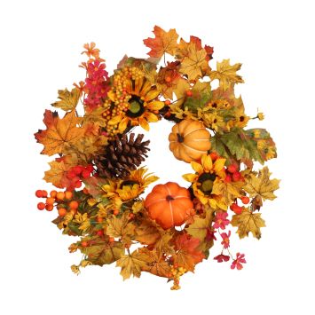 Couronne automnale décorative avec tournesols citrouilles et pommes de pin 50 cm | jourdefete.com