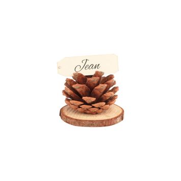 Marque-place automnal en forme de pomme de pin sur socle bois naturel | jourdefete.com