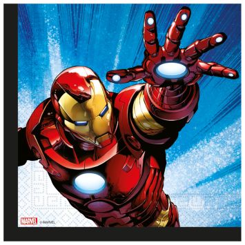 Serviettes Avengers avec Iron Man en action sur fond bleu | jourdefete.com