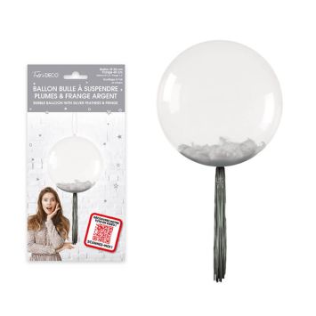 Ballon bulle transparent avec plumes et franges à suspendre couleur argentée