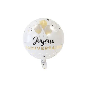 Ballon mylar rond "Joyeux Anniversaire" blanc et or avec ballons imprimés | jourdefete.com