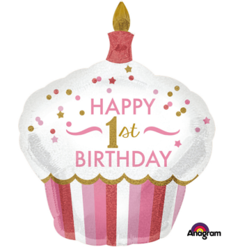 Ballon Joyeux Premier Anniversaire - Rose Holographique
