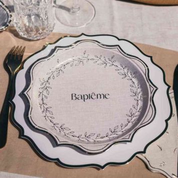 8 assiettes "Baptême" en carton - Diamètre 23 cm - Collection Baptême Effet Lin et Or